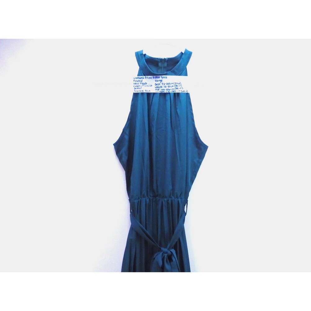Women’s A-Line Halter Maxi Dress Pleated Neck Cinched Belted Peacock Teal Large
